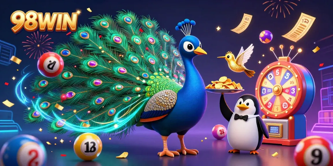 Engage with 98WIN's vibrant casino experience featuring a peacock, butler, and hummingbird in a festive atmosphere.