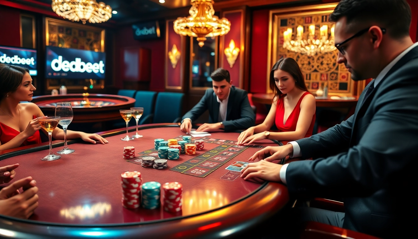 Experience high-stakes action at a DEBET poker table in a luxurious casino atmosphere.