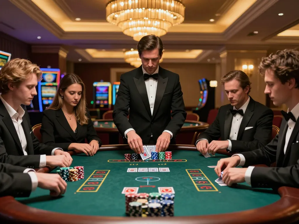 Players engage in strategic blackjack at vk88 table surrounded by vibrant casino atmosphere