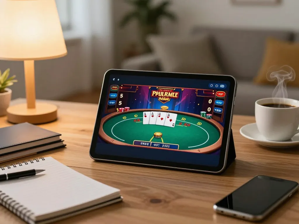 Player enjoying strategic poker gameplay on a tablet at home with tg88 app interface visible, cozy setting