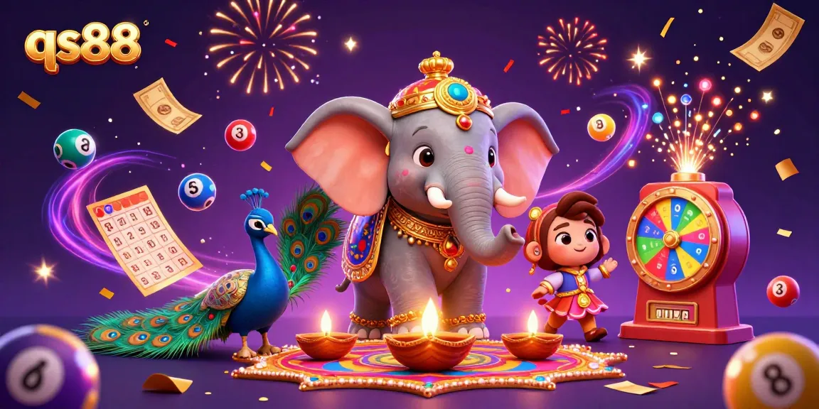 Experience the excitement of qs88 with colorful lottery elements and traditional Diwali characters.
