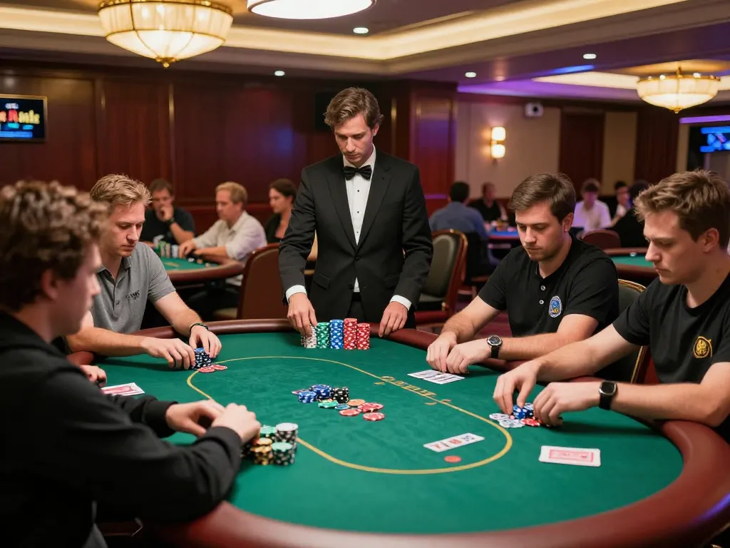 LLwin poker players strategizing at high-stakes table, vibrant casino atmosphere