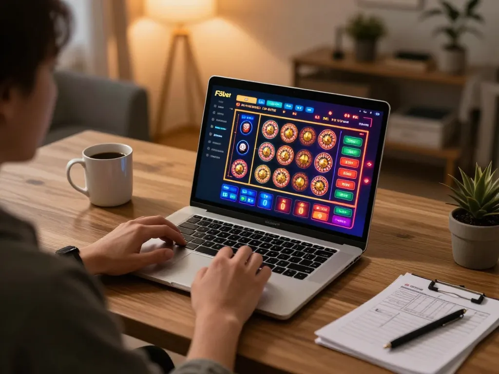 Playing casino games on F8bet platform with colorful graphics in a cozy home setup.