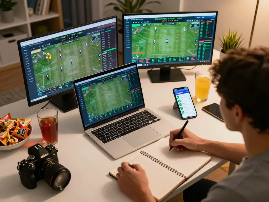 Player strategizing on MM88 sports betting app, analyzing odds with notes at home office.