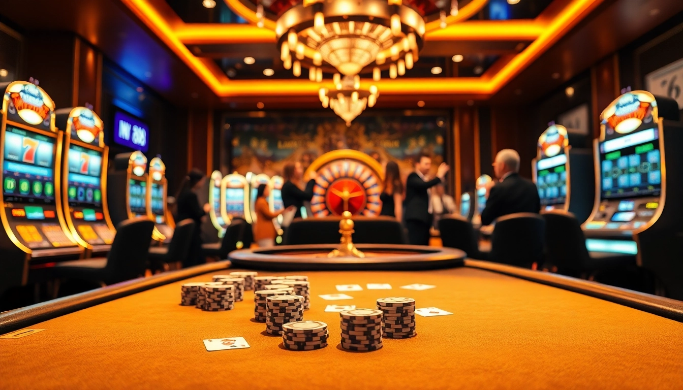 Gambling excitement at nn88 with luxurious poker tables and vibrant atmosphere.