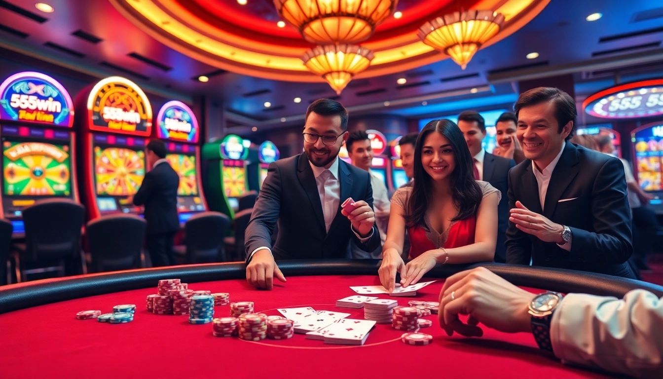 Experience the thrilling ambiance of 555win casino with animated slot machines and an exciting poker table atmosphere.