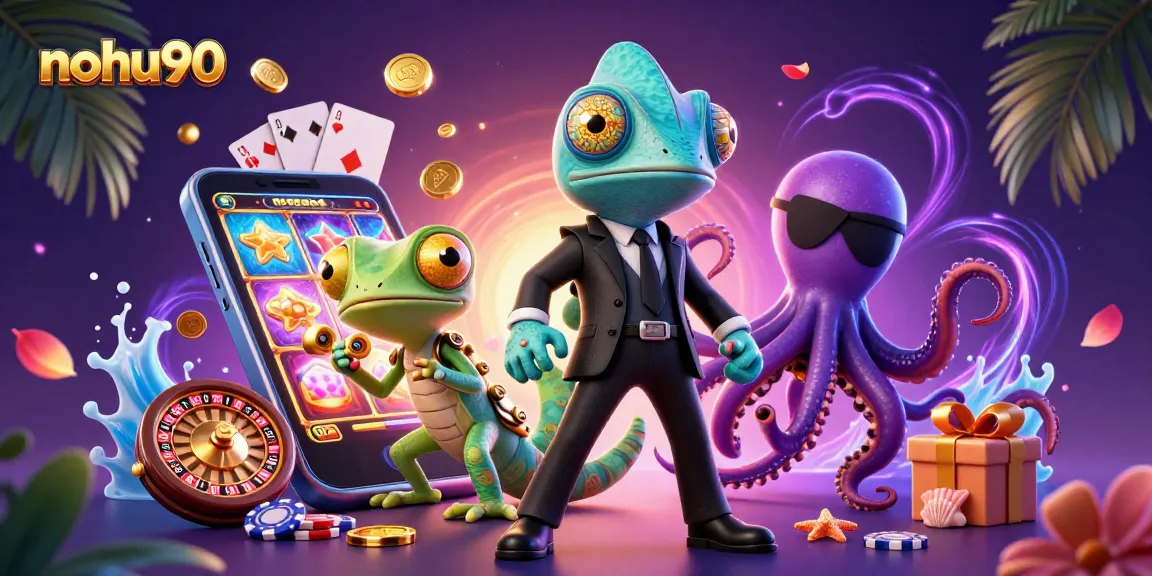 Nohu90 chameleon and gecko in a vibrant casino scene, showcasing gaming excitement with slot reels.