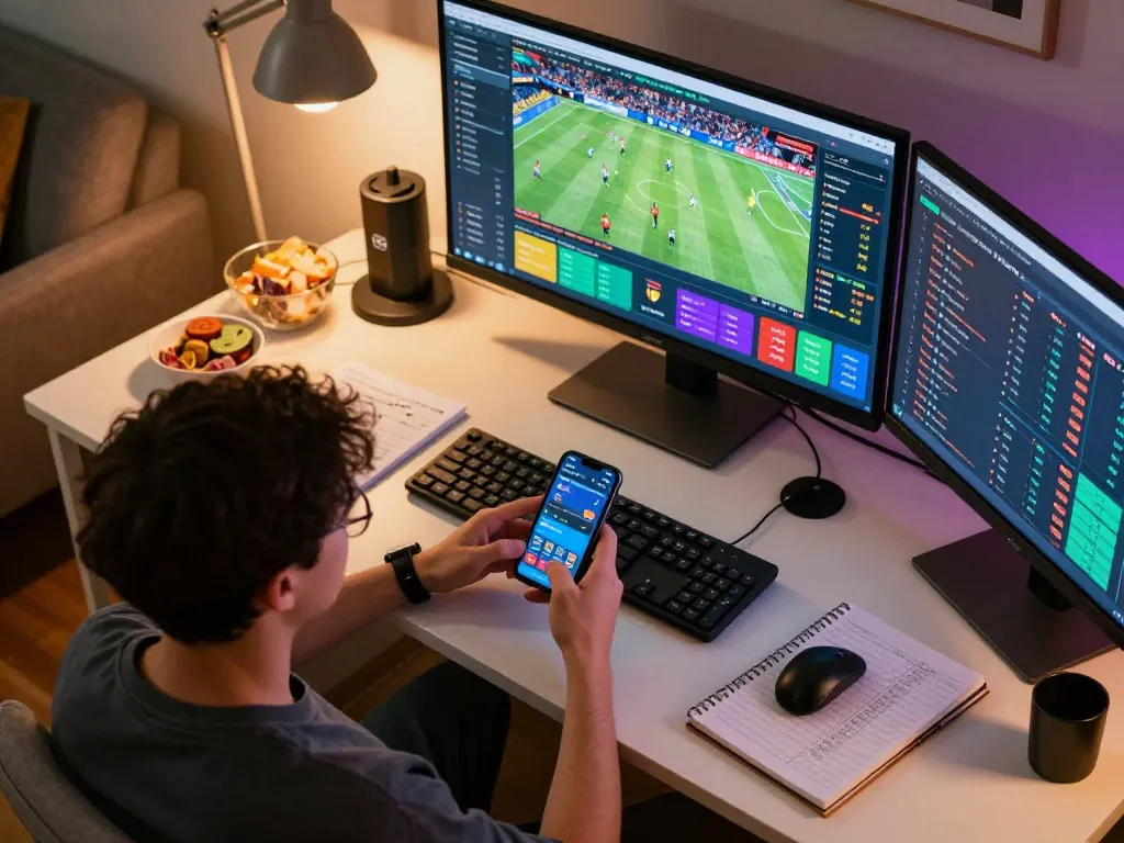 Engaged user placing bets on xx88 sports platform in a stylish home office.