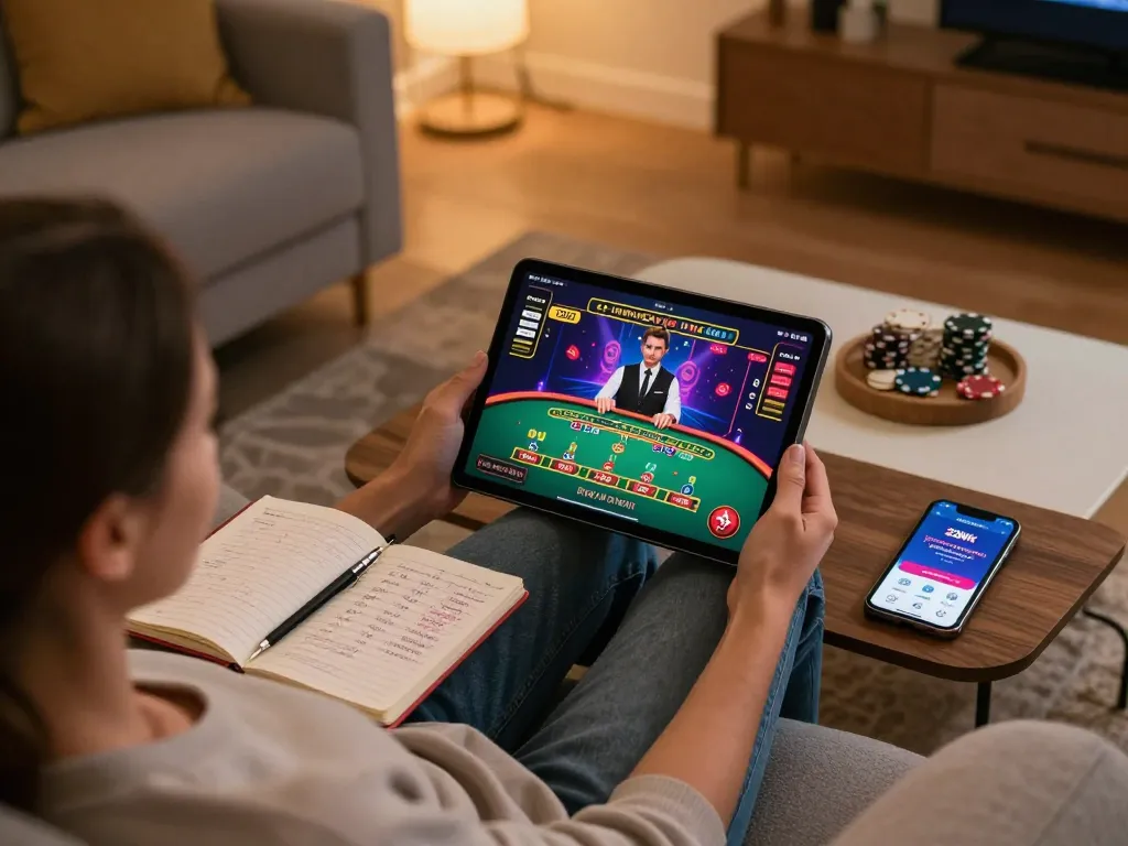 Player enjoying a live dealer game on 23Win, showcasing a cozy home gaming vibe with strategy notes.