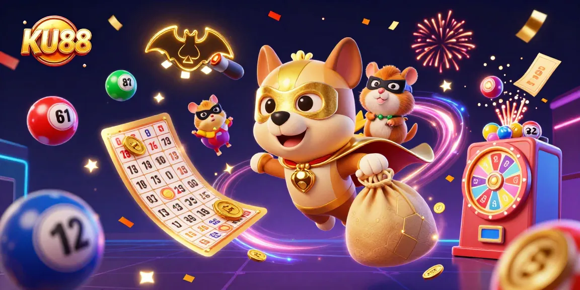 Immerse in the fun of KU88 gaming with a superhero dog and vibrant lottery elements in this dynamic illustration.