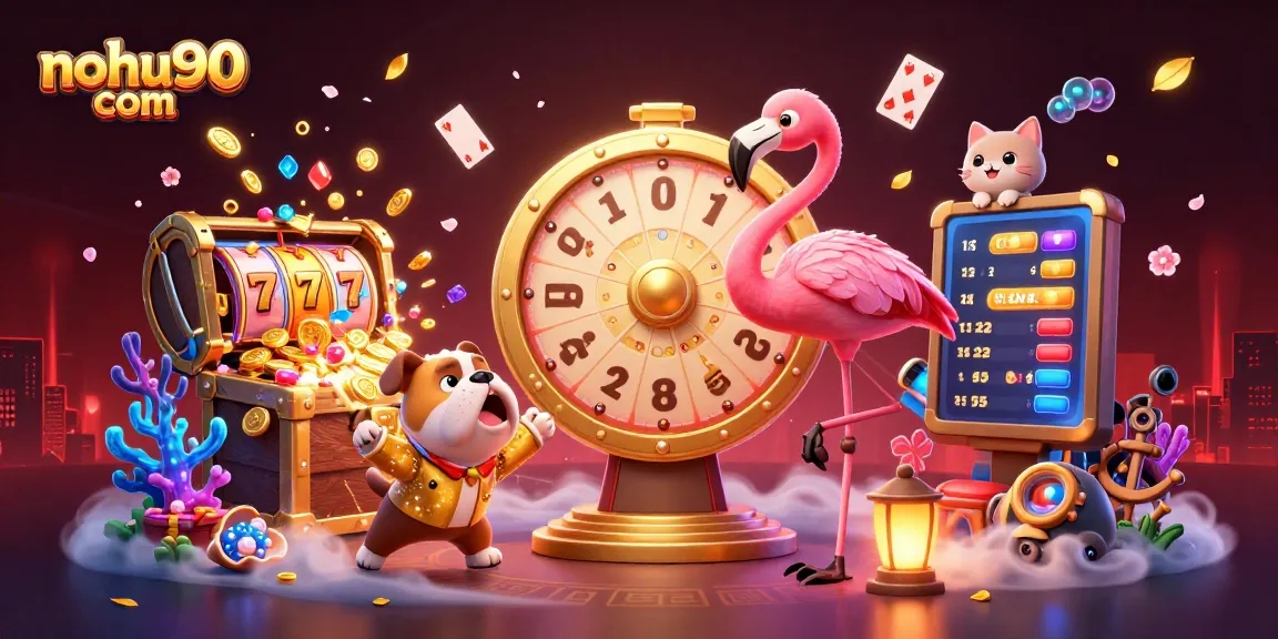 Spin to win with nohu90 com in a vibrant 3D casino illustration featuring joyful characters and exhilarating games.