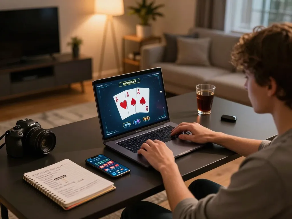 Engaging in online poker with 58win app on laptop, enhancing strategic gameplay at home.