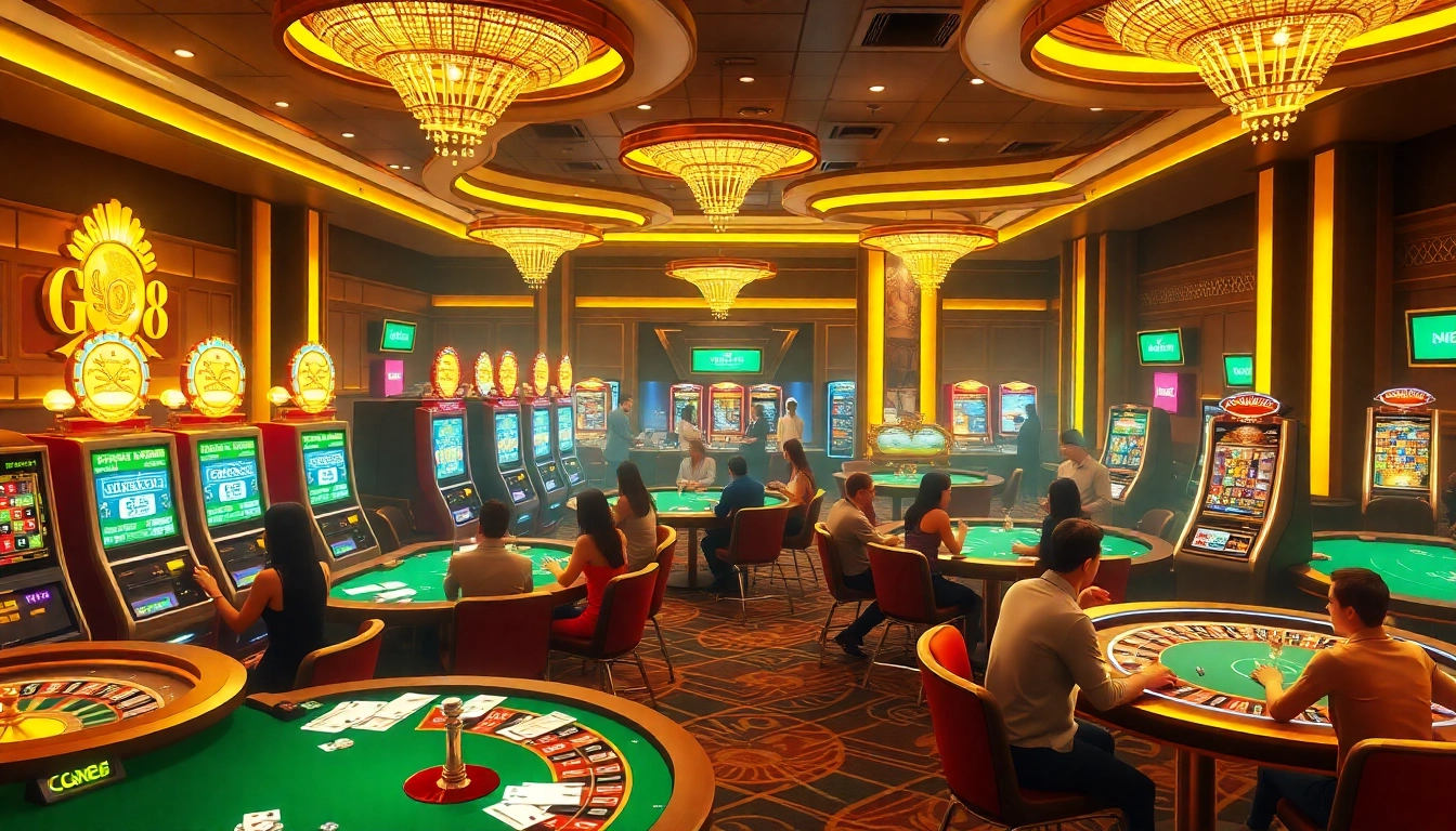 Go8 casino scene showcasing players at gambling tables and slot machines, with an exciting atmosphere.