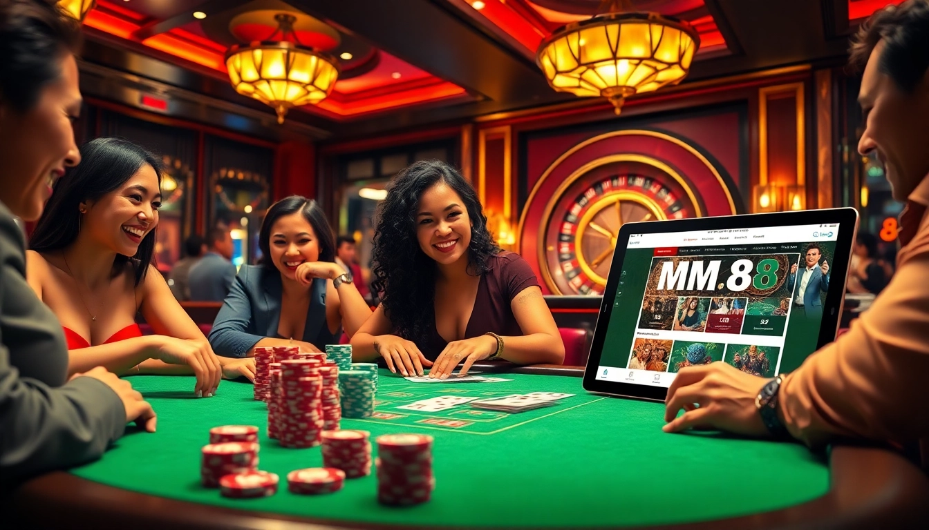 Players enjoying intense moments at the MM88 online casino table, surrounded by vibrant poker chips.
