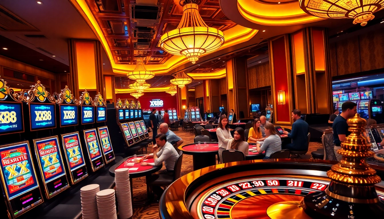 Witness the excitement of XX88 at a luxurious casino featuring vibrant games and eager players.