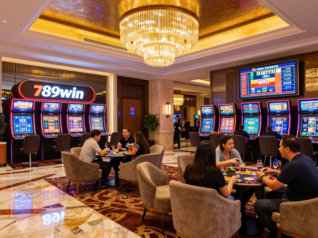 Guests discussing strategies at the 789win branded casino lobby, showcasing vibrant atmosphere and engaging environment.