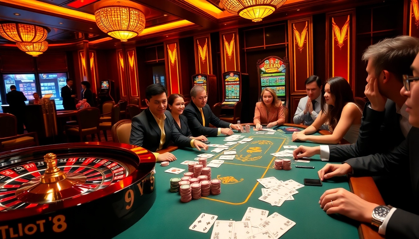 Players enjoying an exciting poker game at 69vn.com casino with vibrant chips and cards.