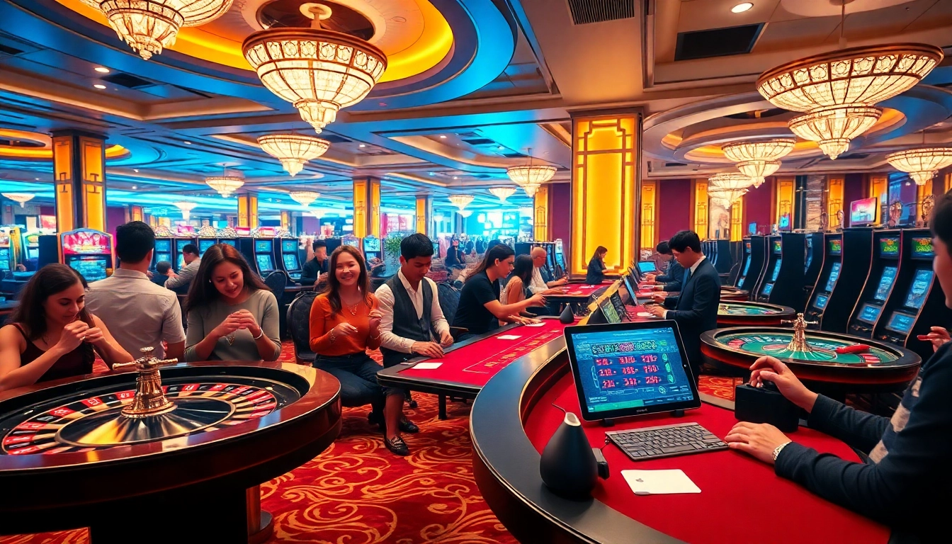 SODO Casino floor bustling with players at roulette and poker tables, showcasing excitement in gaming.