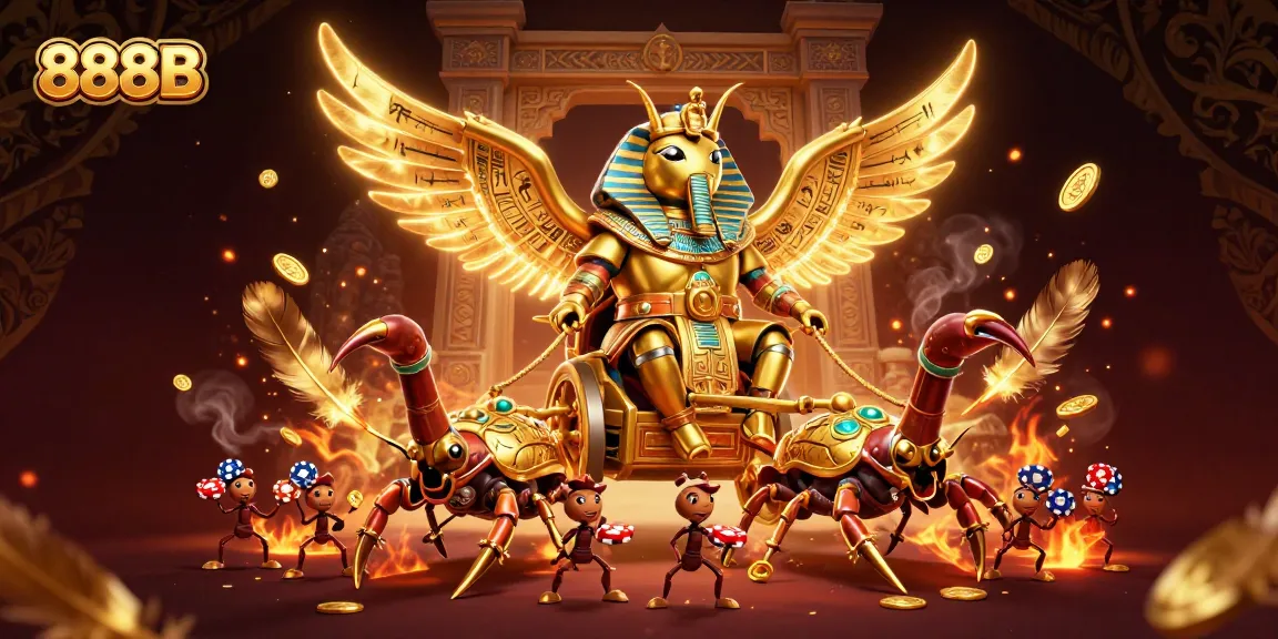 Engage with 888B's thrilling gaming scene, featuring a golden scarab and poker chips.