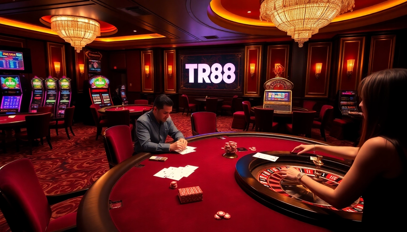 Players engaged in exciting poker action at TR88 casino with vibrant betting elements.