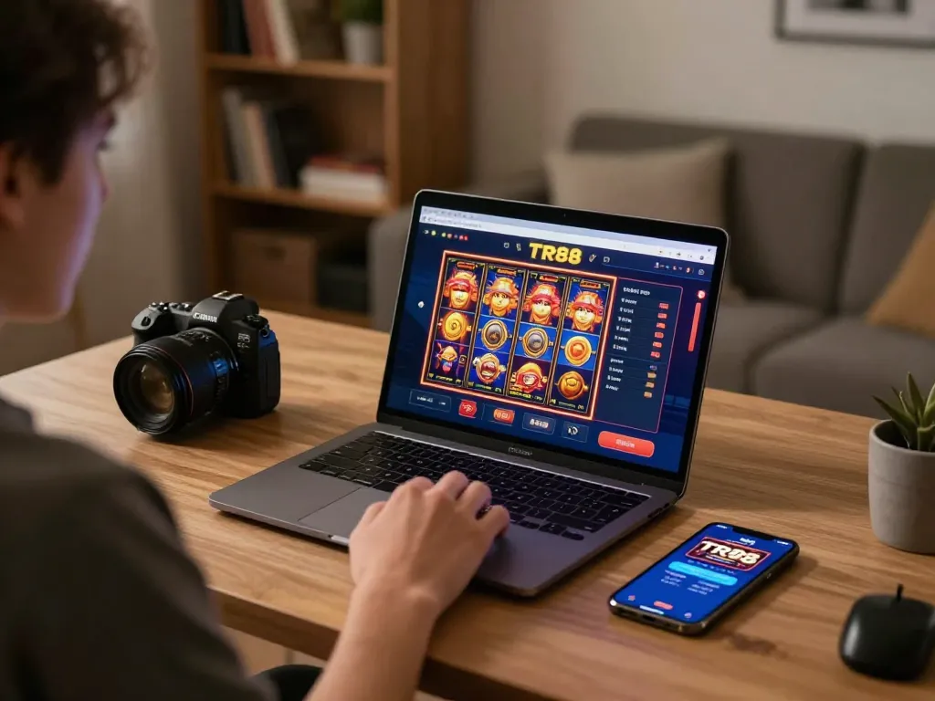 Playing online slots at https://tr88.pics/ on a stylish home desk with a cozy atmosphere.
