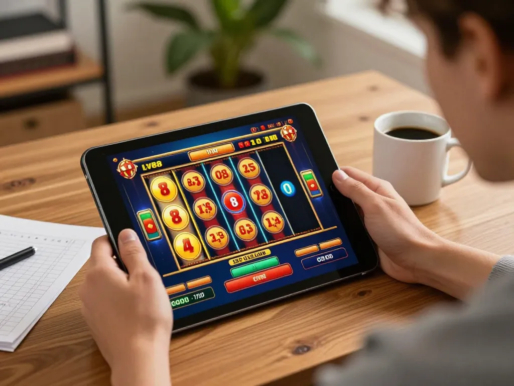 Engaging online gaming at LV88 with a tablet showing vibrant slot game interface.