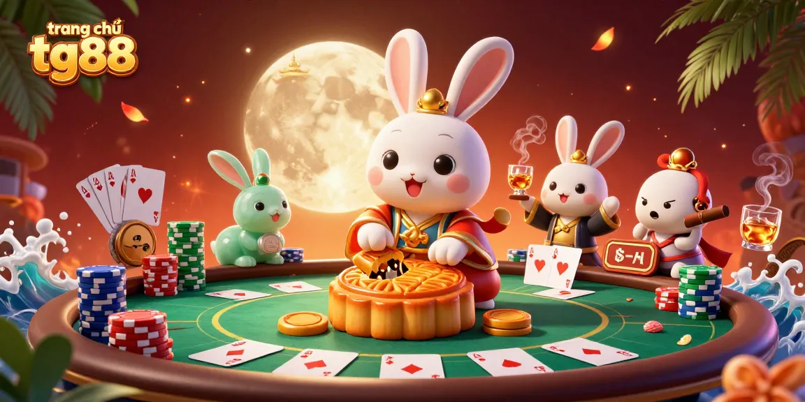 Engage with the vibrant action at trang chủ tg88 featuring a moon rabbit and poker chips.