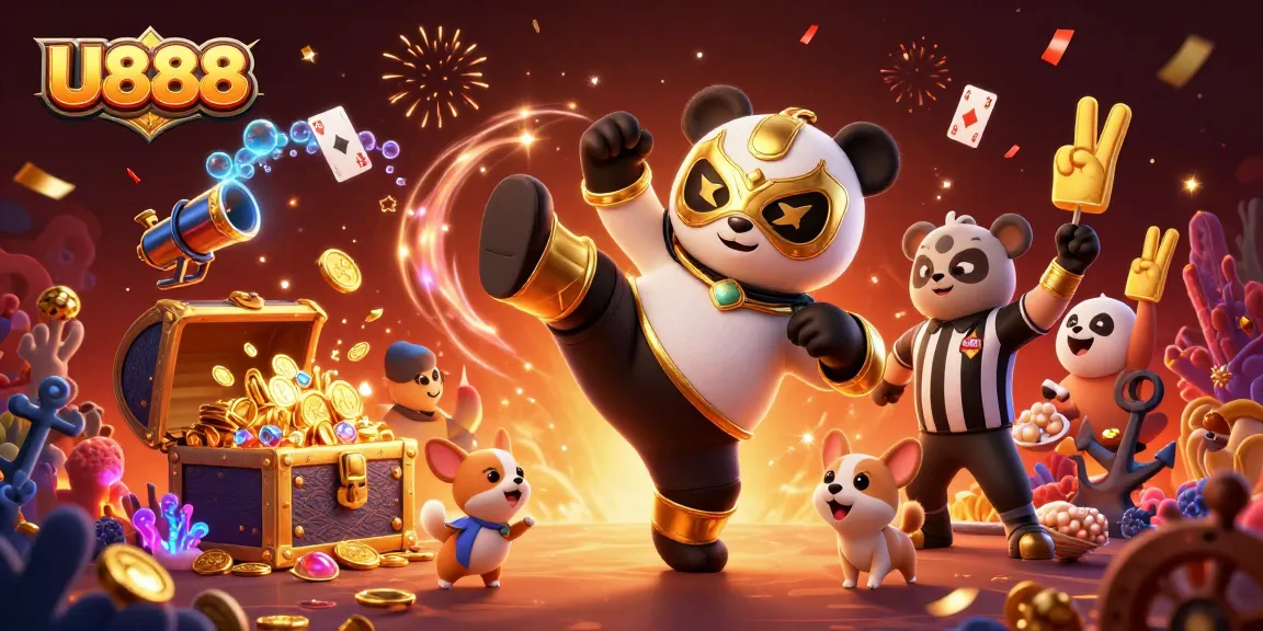 Experience excitement at U888 with a dynamic 3D scene featuring a wrestling panda and thrilling casino elements.