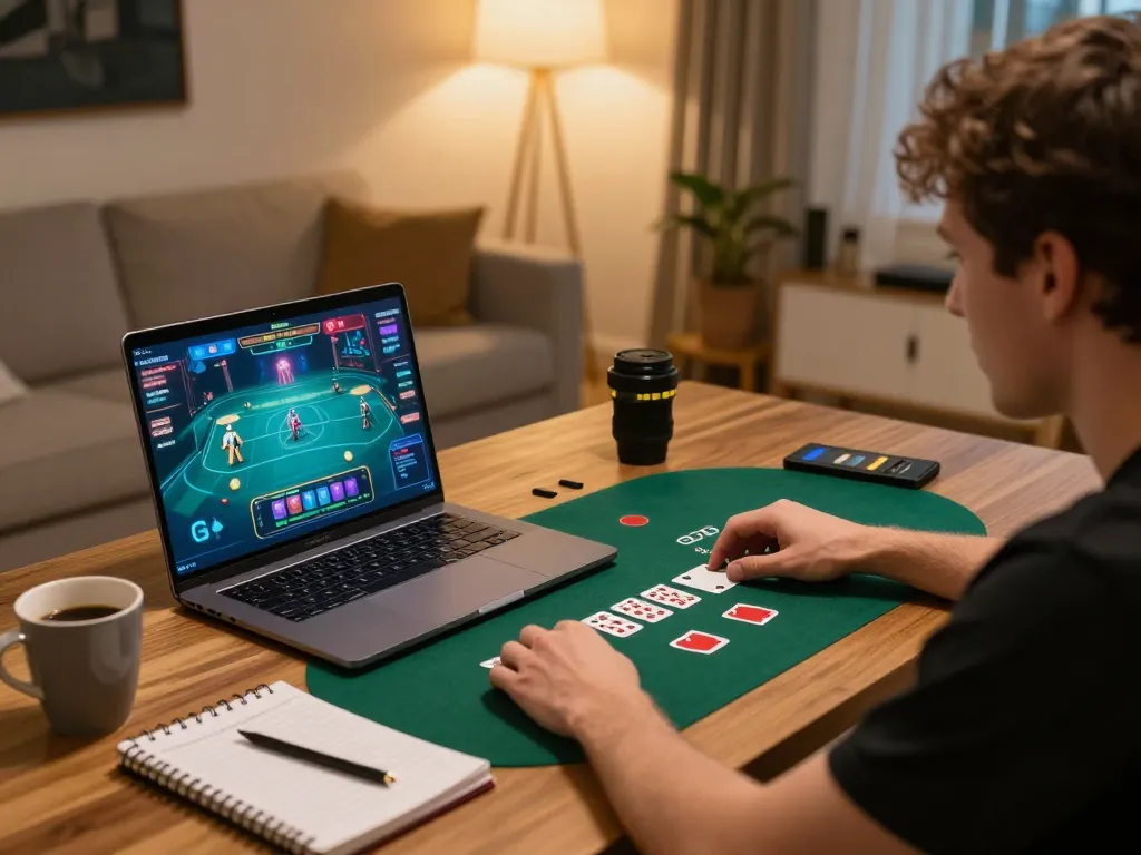 Player enjoying a thrilling GG88 online poker game, showcasing laptop screen with live dealer action
