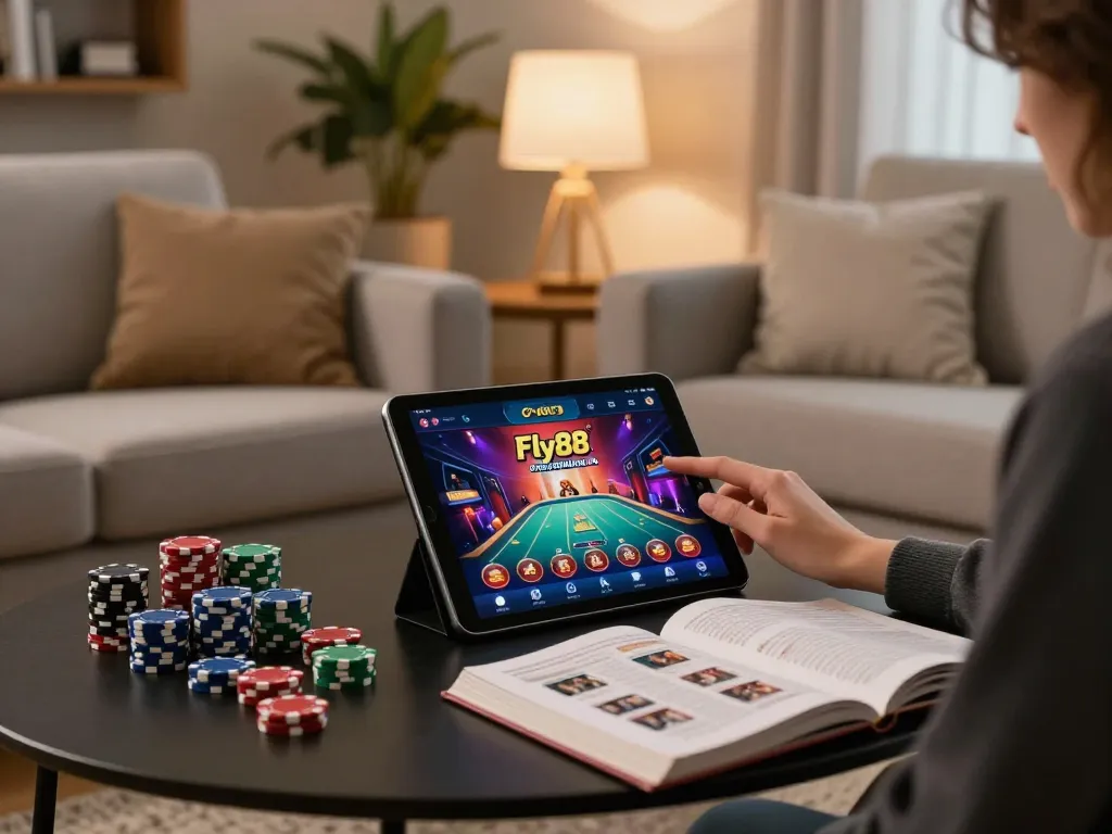 Join the excitement of Fly88 casino online while gaming on a tablet in a cozy home setting.