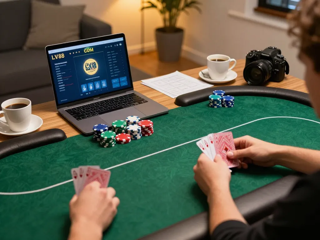 Players engaged in intense poker gameplay on LV88 COM interface, focusing on strategy and winning.