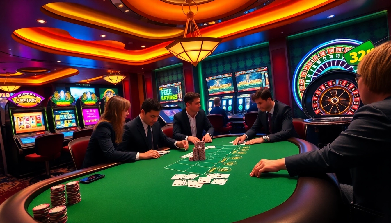 High-stakes poker action at a casino with 32win.reviews lighting up the scene.