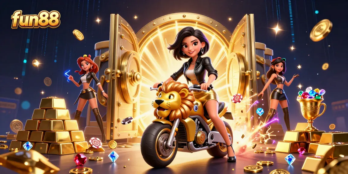 Experience excitement at fun88 with a glamorous Asian woman riding a golden lion in a vibrant casino scene.