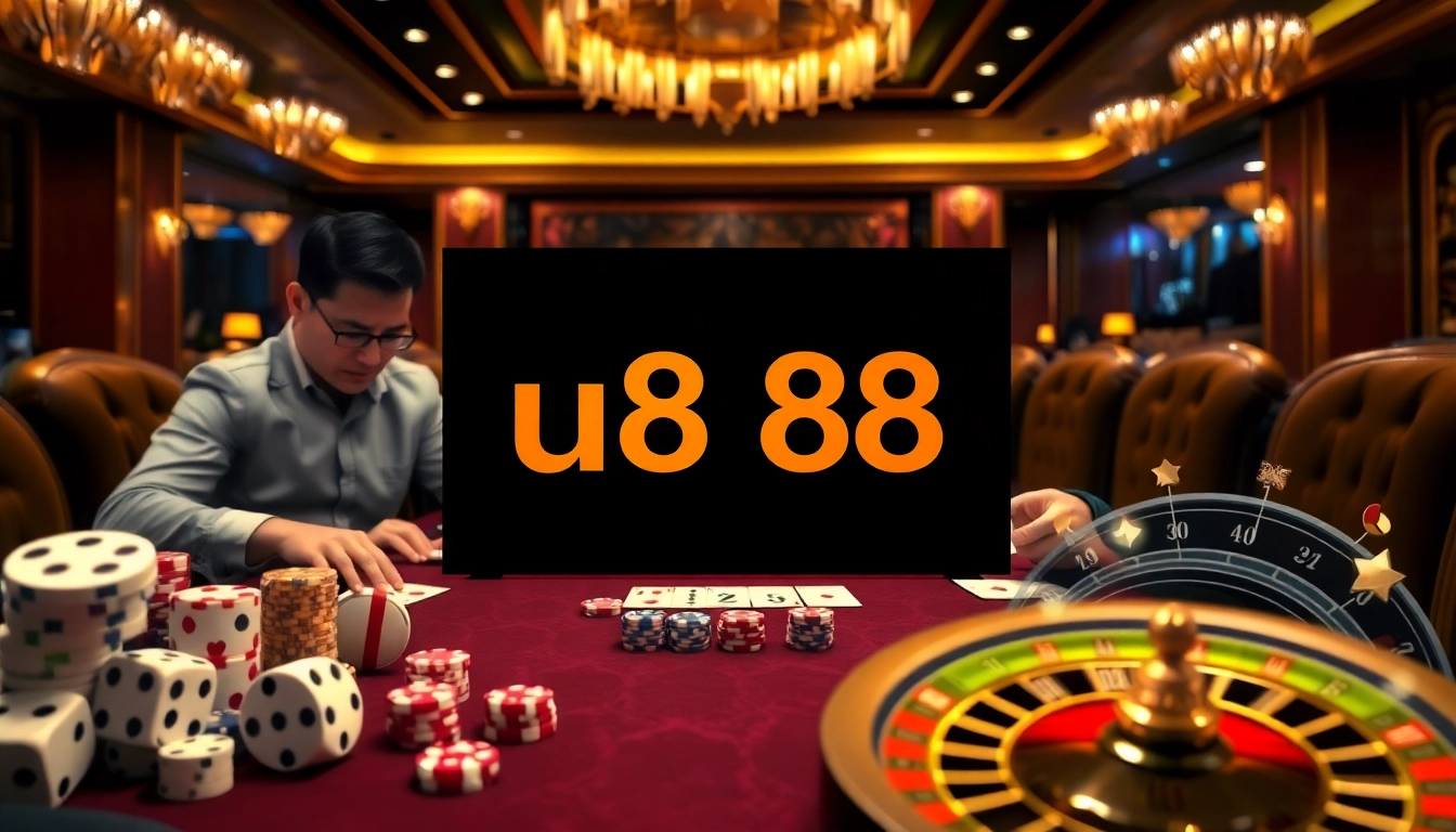 u888 poker game featuring vibrant chips and strategic players in a luxurious casino.
