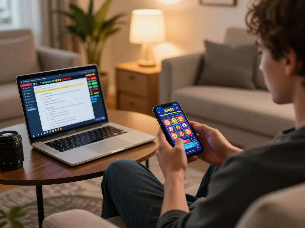 Engaged player enjoying a JUN88 slot game on a smartphone in a cozy home setting.