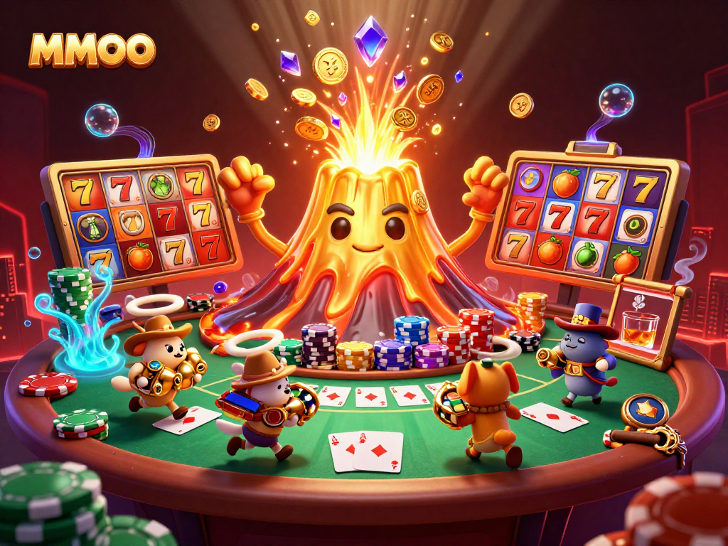 Experience the thrilling eruption of MMOO's golden volcano, showering treasure amidst dynamic casino elements.
