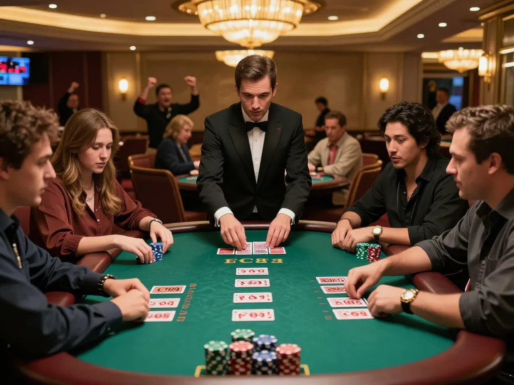 Players strategizing in a thrilling blackjack game at FC88 casino, dynamic action scene.