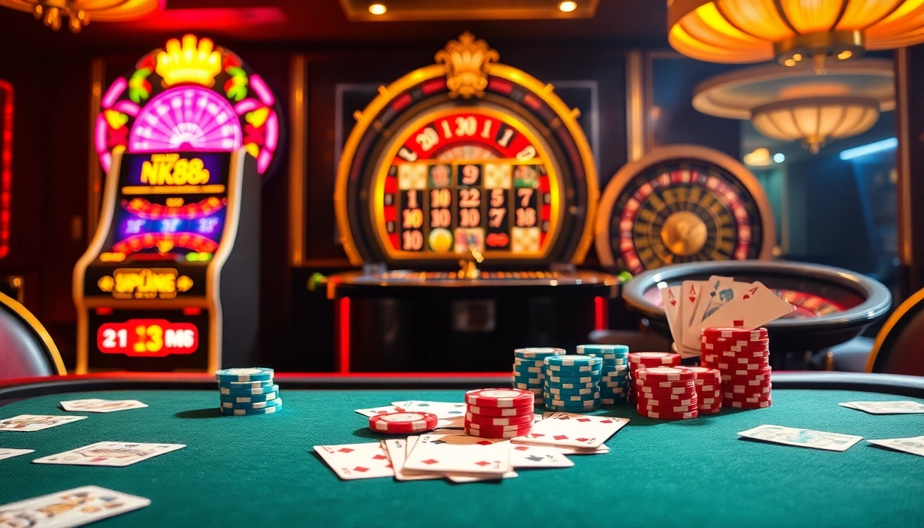 Experiencing the excitement of nk88 at a luxurious casino with poker chips and cards.