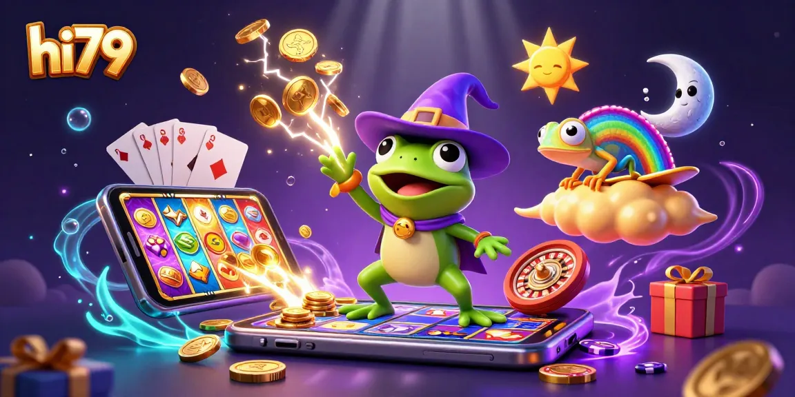 Experience the magic of hi79 as the weather wizard frog conjures coins amidst a vibrant casino world.