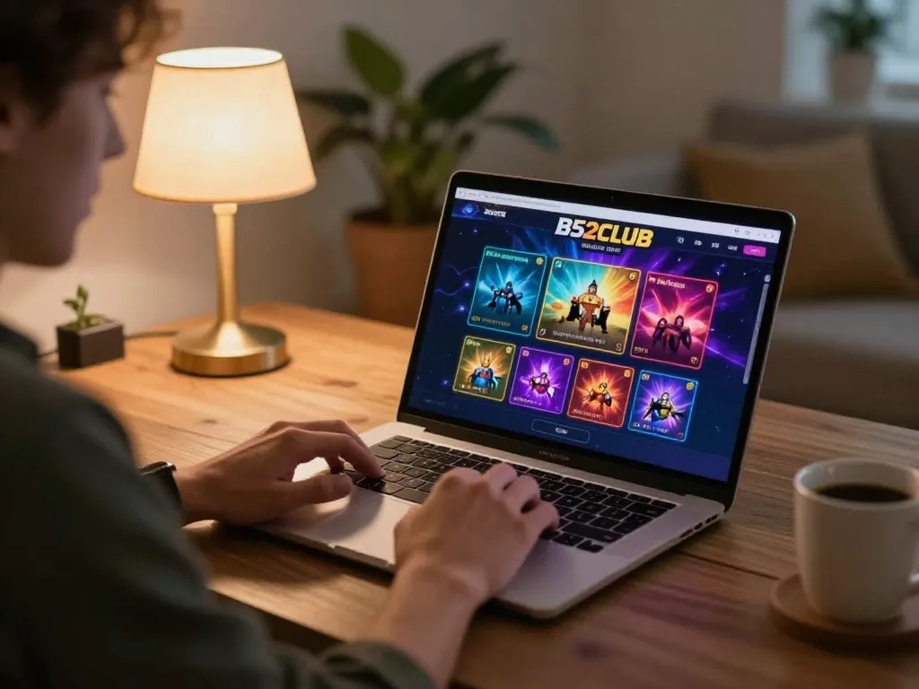 B52Club player strategizing online with vibrant casino interface in cozy home setting.
