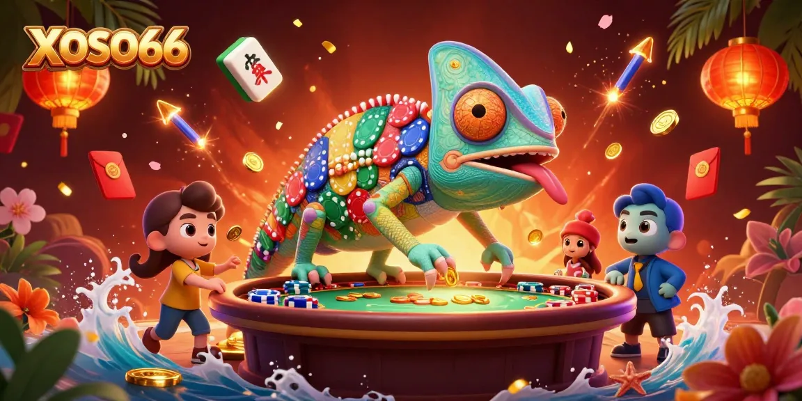 XOSO66 captivates with a vibrant casino scene, showcasing energetic chameleon themes and golden rewards.