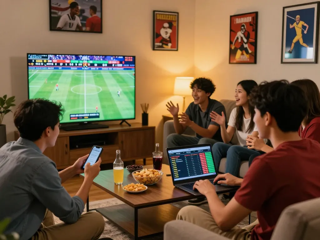 Friends engaging in sports betting by analyzing kèo nhà cái while enjoying a lively home game night.
