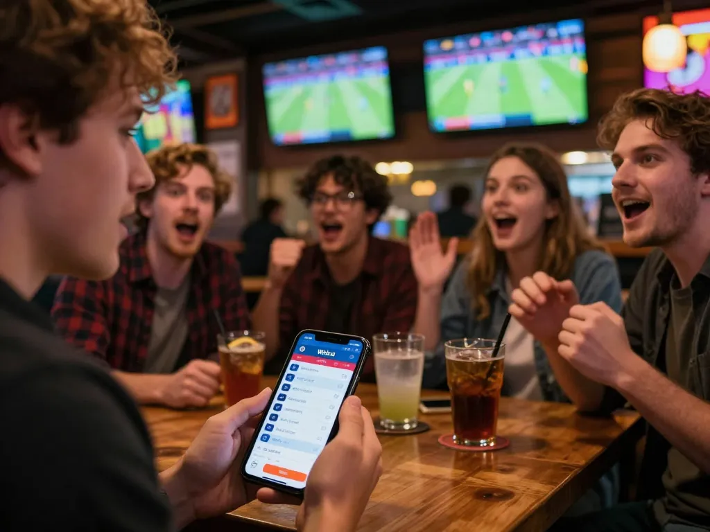 Player engaging in sports betting on the Winbd app at a vibrant sports bar with friends.