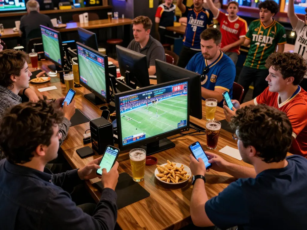 Active sports betting scene capturing kèo nhà cái excitement with patrons placing live bets