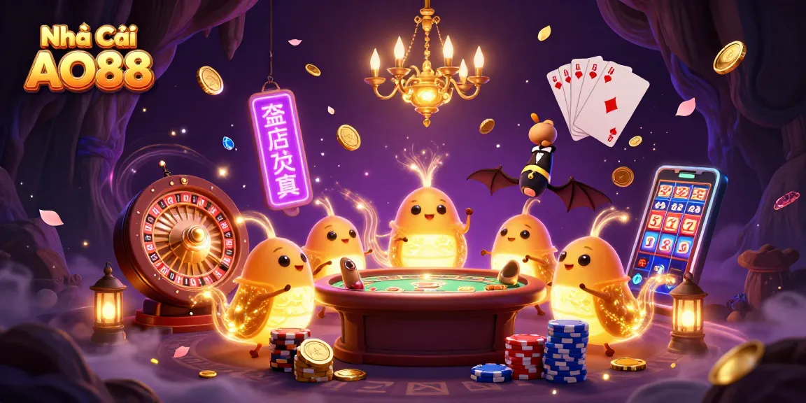 Experience the thrill of Nhà Cái AO88 with vibrant glowworms lighting up a casino scene filled with treasures.