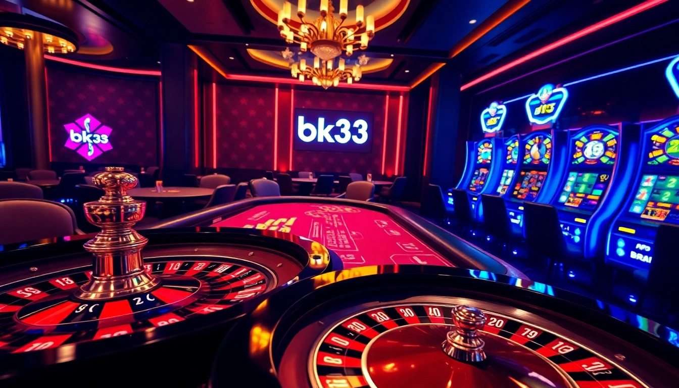Experience exhilarating action with bk33 in a luxurious online casino setting featuring vibrant slot machines and roulette.
