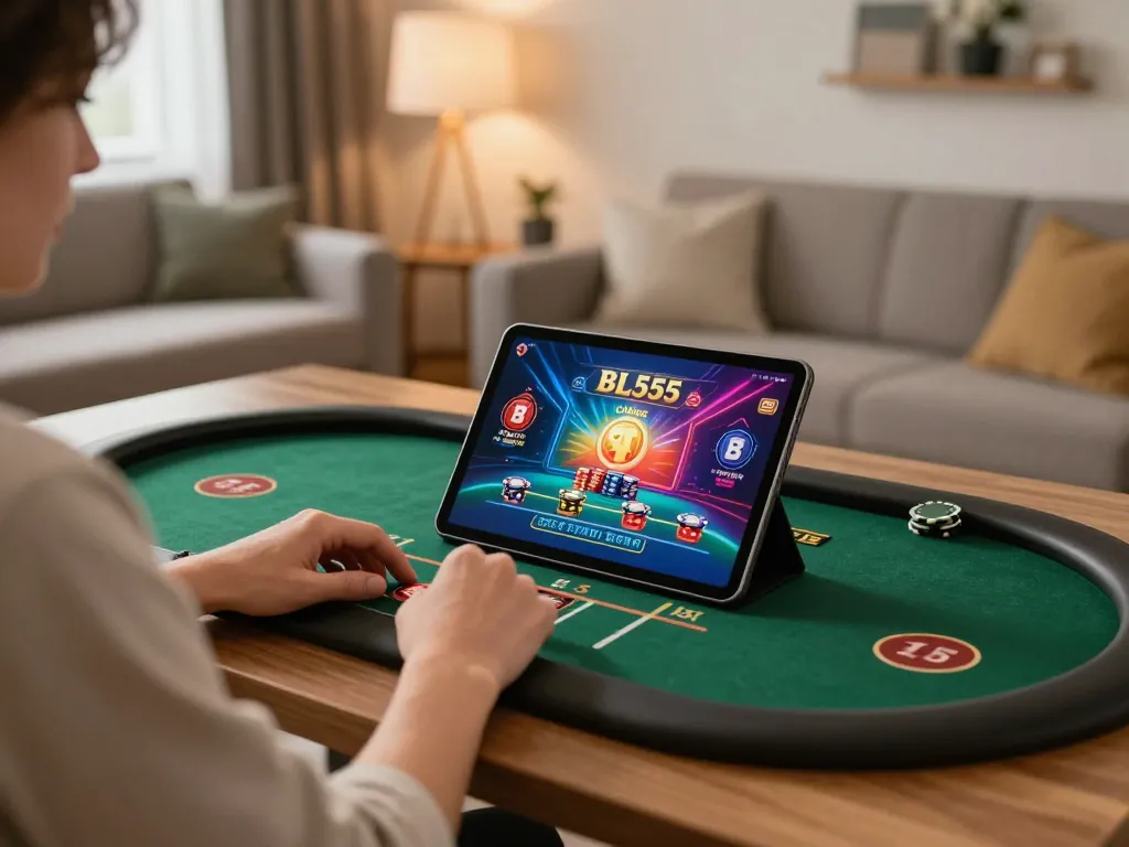 Engaged player enjoys BL555 online casino gaming on tablet, enhancing strategic betting experience.