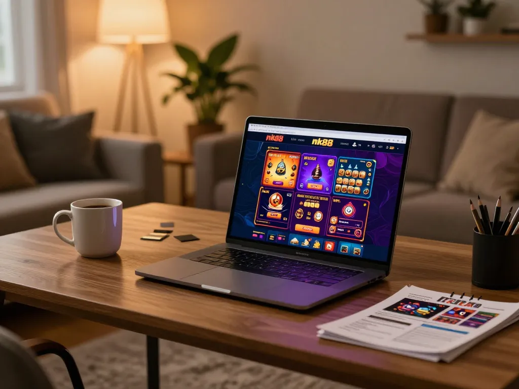 Player engaging with nk88 casino games in a cozy home office setup.