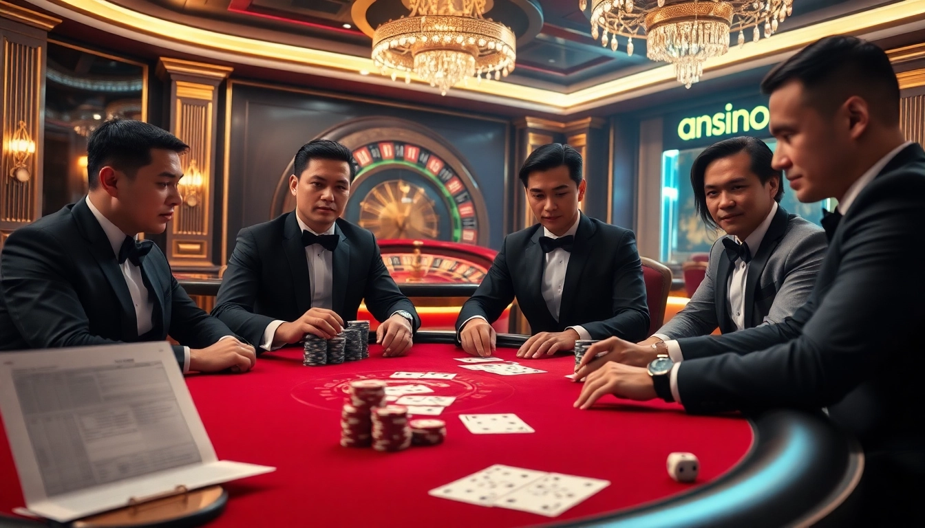Witness the thrill of high-stakes poker at IQ88 casino, featuring elegant players and opulent decor.