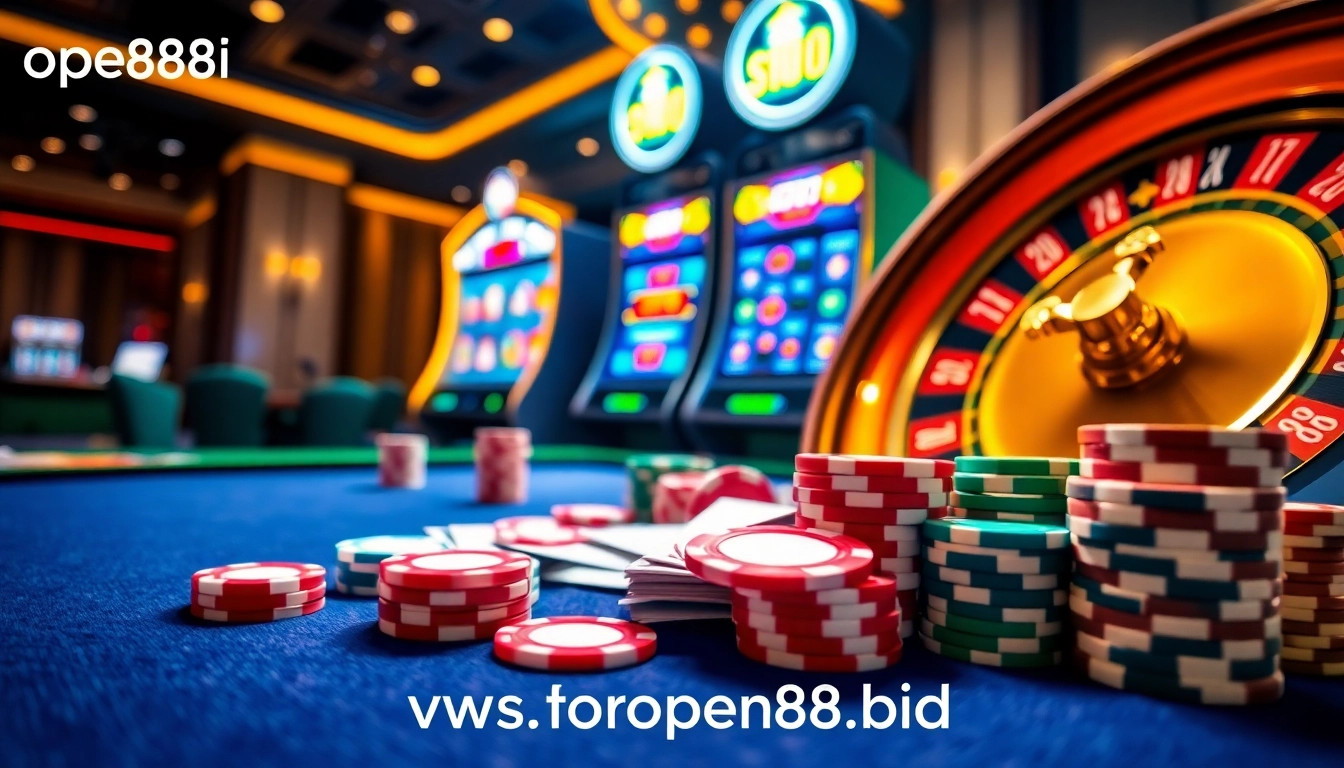 Exciting casino action featuring poker chips and cards at https://open88.bid/ gaming tables, showcasing thrilling gambling atmosphere.